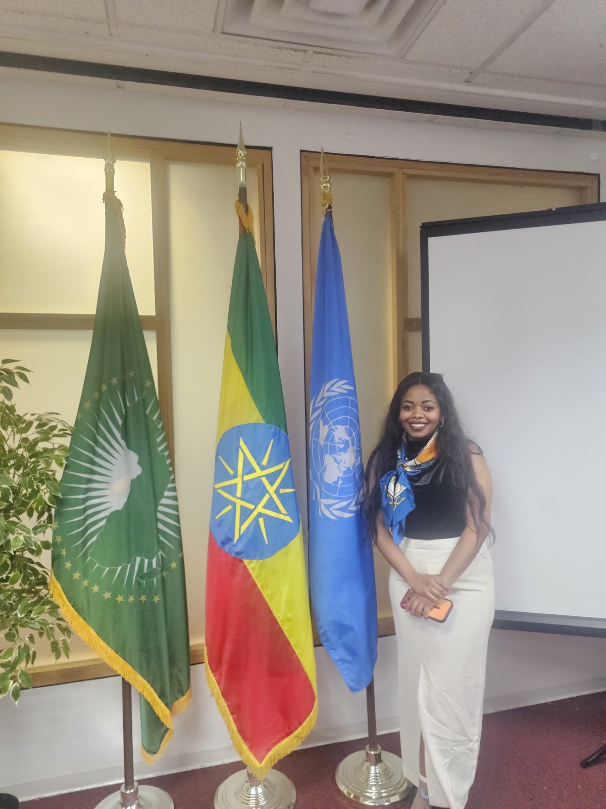 A portrait beside African Union, Ethiopian and United Nations flags.
