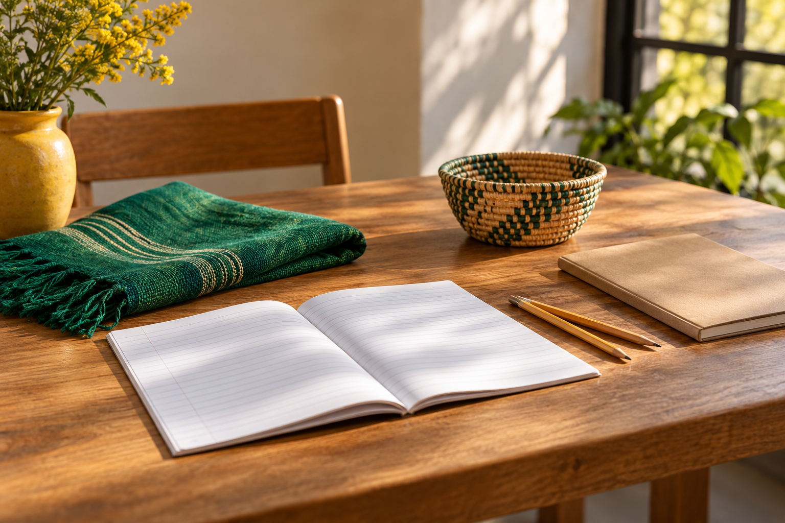 Illustrative still life of notebooks, pencils and a woven basket on a sunlit table.