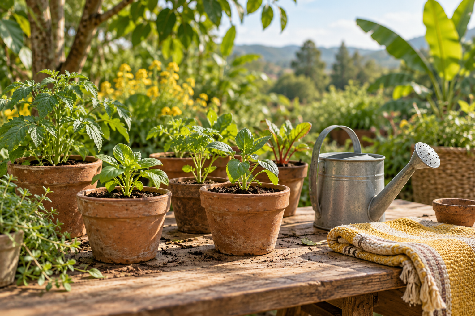 Illustrative still life of seedlings, a watering can and woven cloth outdoors.