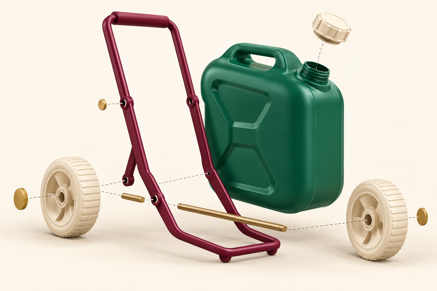 Exploded concept illustration separating a green reservoir, cap, burgundy frame, axle shape and cream wheels.
