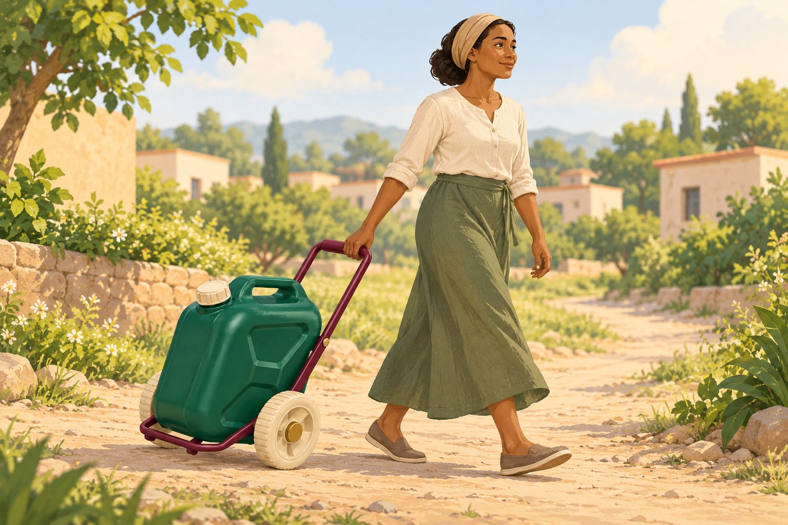 Illustrated use context showing an adult drawing the proposed green water-carrier concept along a community path.